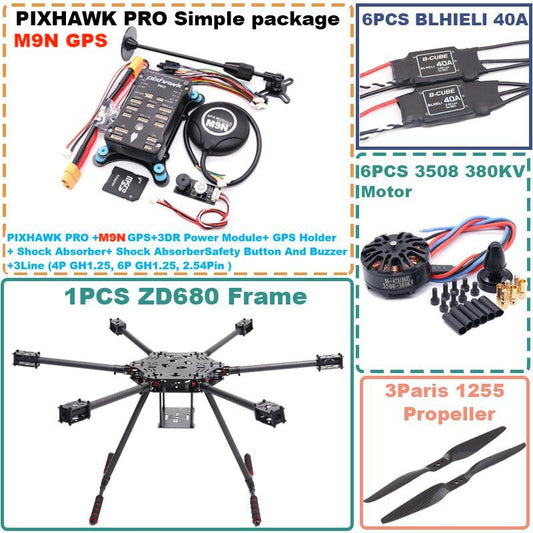 Комплект рамы гексакоптера ZD680 PRO M9N из углеродного волокна с шестью роторами и складной стрелой PIXHAWK с нетопляемым шасси 