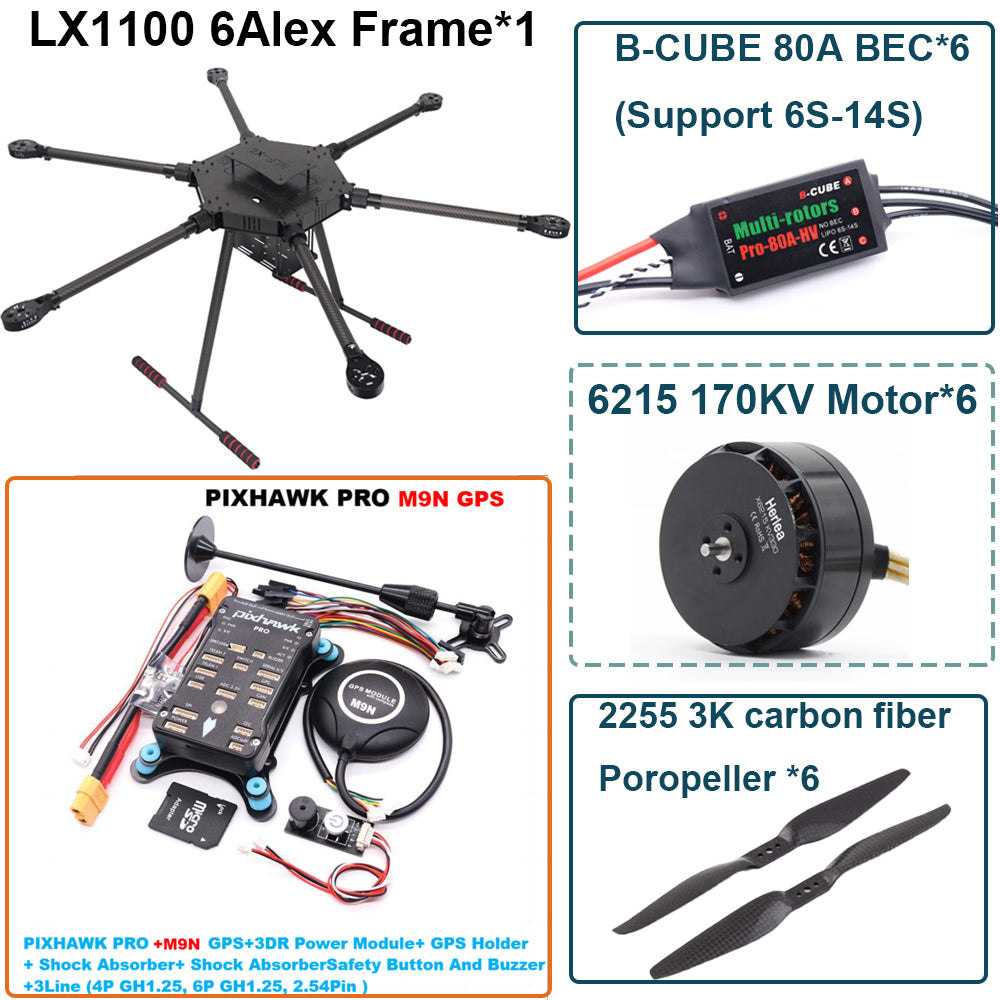 LX1100 PRO M9N Full Carbon Fiber 1100mm Hexa-Rotor Frame B-CUBE 80A ESC PX4 Pixhawk Flight Control Set 6215 Motor