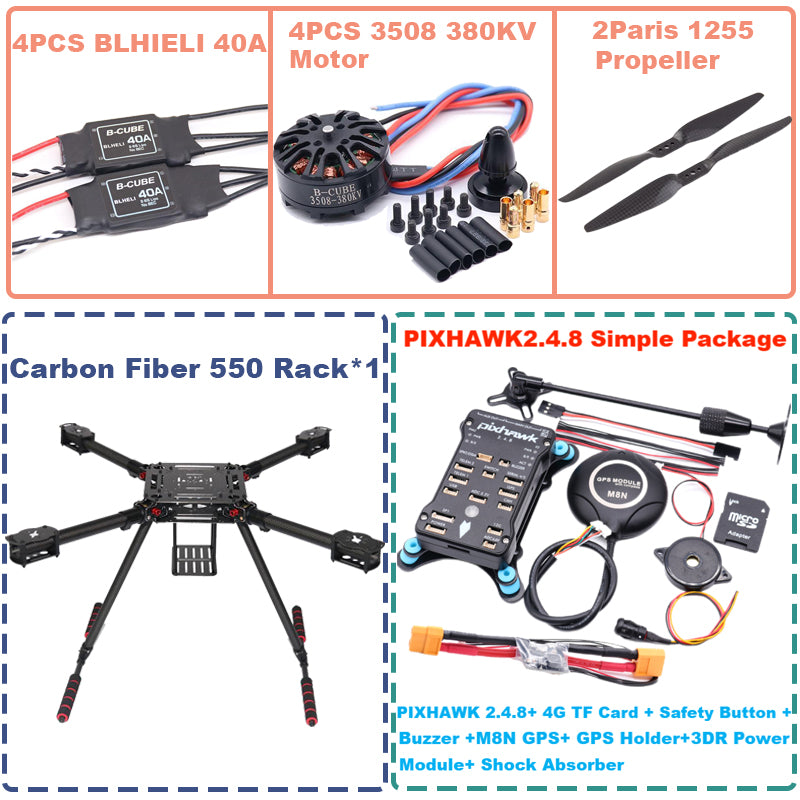 B-CUBE 550 Hexa Frame PIXHAWK2.4.8 M8N Flight Control Carbon Ardupilot Radio Telemetry Quadcopter BLHELI 40A 3508 380KV Motor ESC