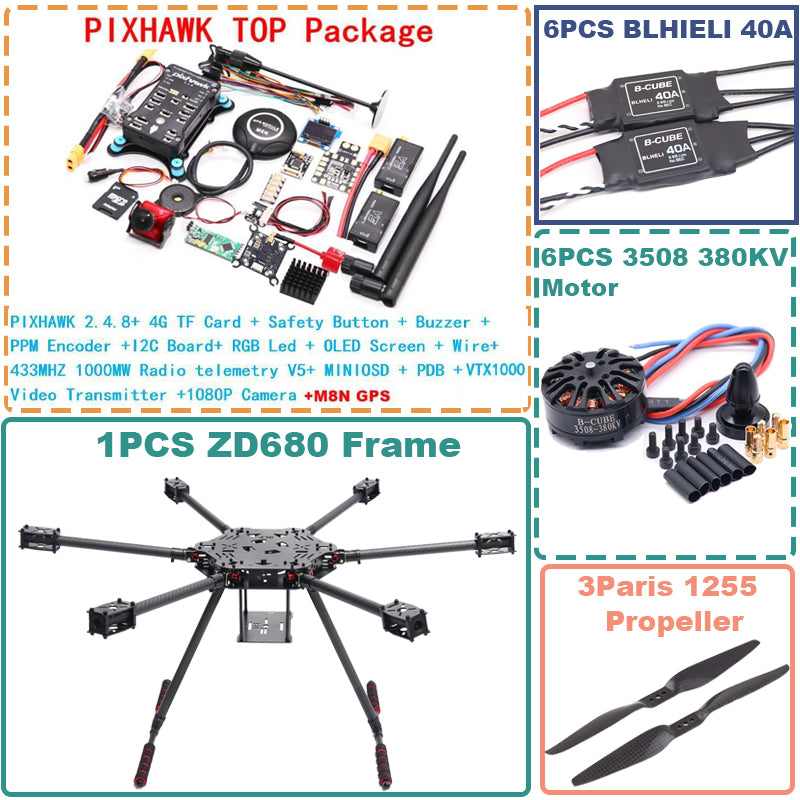 B-CUBE ZD680  PIXHAWK 2.4.8 Full Carbon Fiber Hexa-Rotor Foldable Arm Hexacopter Frame Kit forCopter with Unflodable Landing Gear