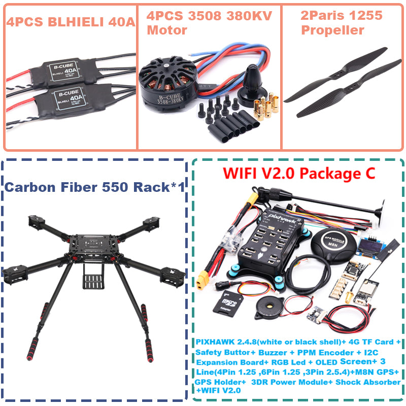 B-CUBE 550 Hexa Frame PIXHAWK2.4.8 M8N Flight Control Carbon Ardupilot Radio Telemetry Quadcopter BLHELI 40A 3508 380KV Motor ESC