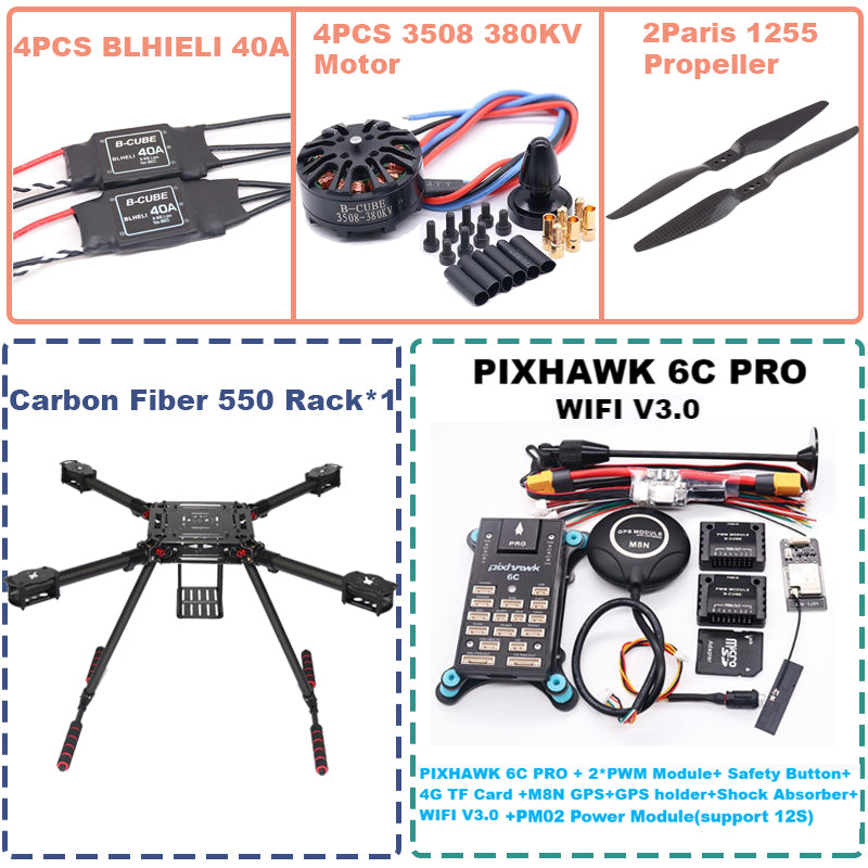 B-CUBE 550 Hexa Frame PIXHAWK  6C PRO M8N Flight Control Carbon Ardupilot Radio Telemetry Quadcopter  40A 3508 380KV Motor ESC